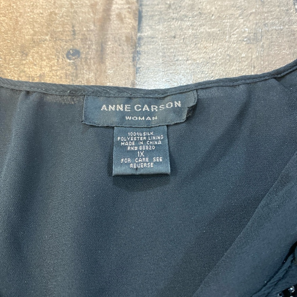 Anne Carson Black Silk Sheer Black Beaded Long Sleeve Blouse W/ Lining Size 1X - Picture 7 of 11